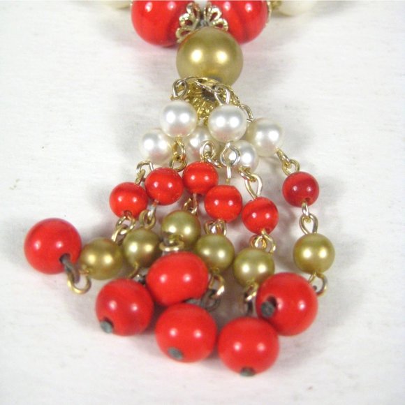 Imitation Pearl Beaded Necklace 18 inch Goldtone Strand Mid Century MOD Tassel - Picture 8 of 9